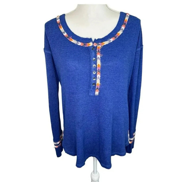 Free People‎ Women’s Medium Blue Rainbow Henley Thermal Top - Picture 1 of 6